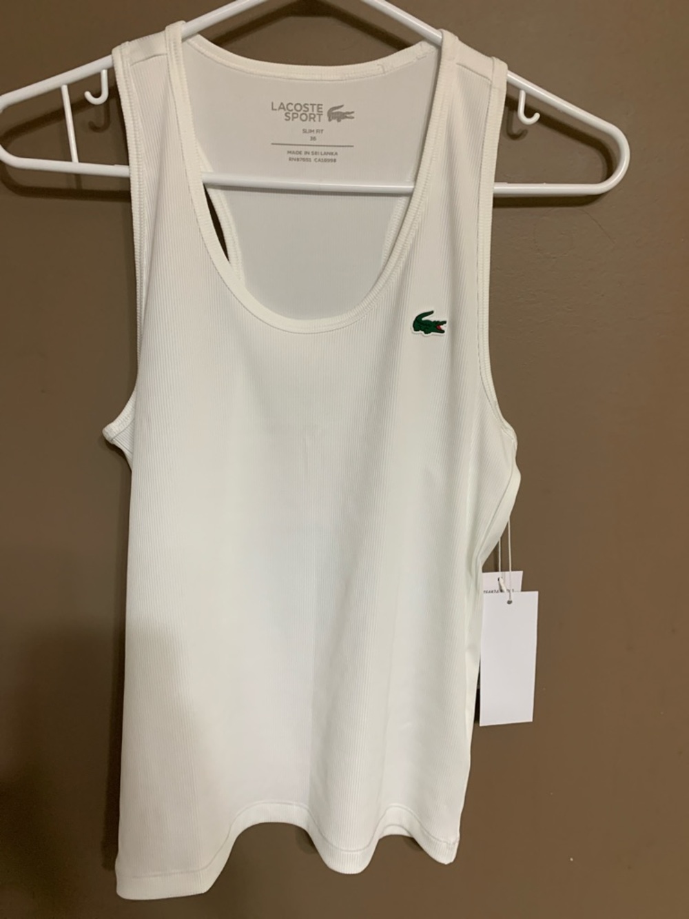 Lacoste White Ribbed Tank with Green Crocodile Patch